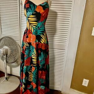 Tropical Floral Maxi Dress - Black with Orange & Teal Floral
